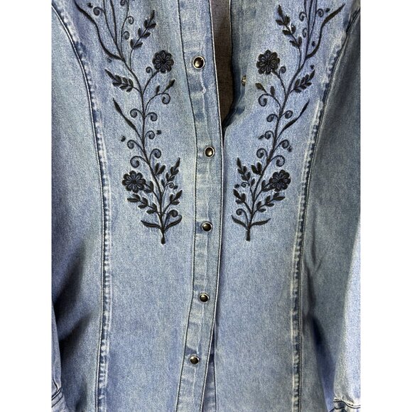 Vintage 90s Floral Embroidered Pearl Snap Denim Shirt Western - Picture 5 of 7
